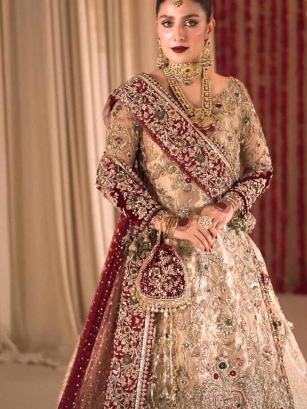 Pakistani Wedding Elegant Gold and Red Embroidered Traditional Outfit 4 piece